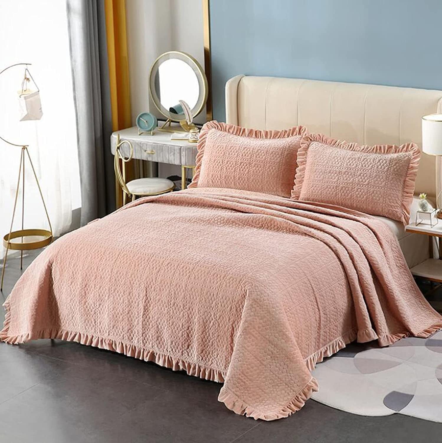 Couette réversible rose et anti-plis pour lit double 3 pièces avec taies