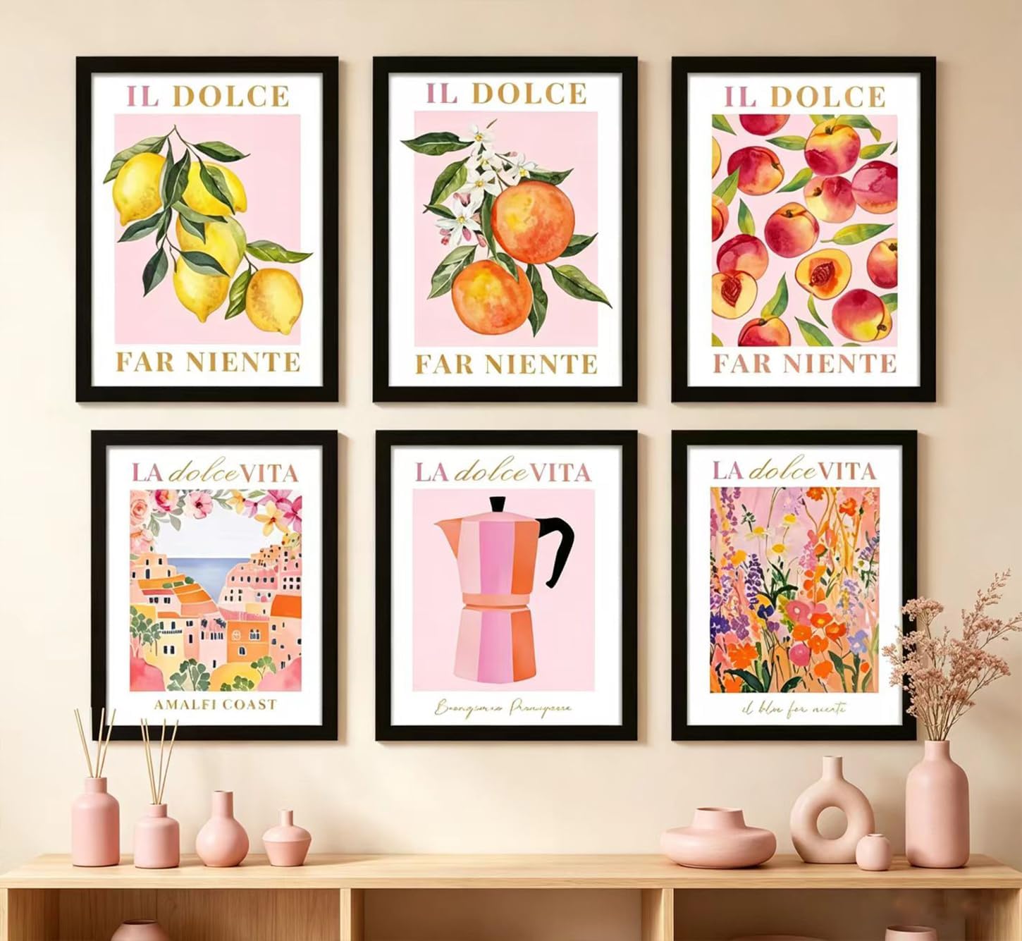 6pcs Italian Summer Themed Wall Art La Dolce Vita Canvas Wall Decor Sweet Life Fruit & Amalfi Coast Prints Posters Watercolor Kitchen Dining Room Decor for Farmhouse Cottage Coastal Home, Unframed