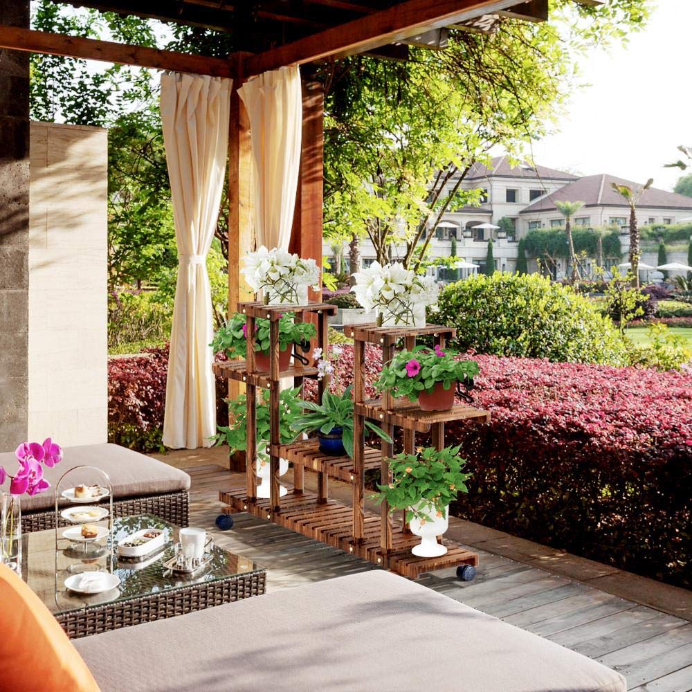 Buy Yaheetech Tiered Rolling Plant Stand Indoor/Outdoor Wooden Flower