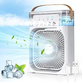 Ventilador de ar condicionado portátil, Mini Ar Condicionado Umidificador Climatizador com tanque de água de 600ml, 3 velocidades de vento e pulverizador de 5 furos com luz LED de 7 cores