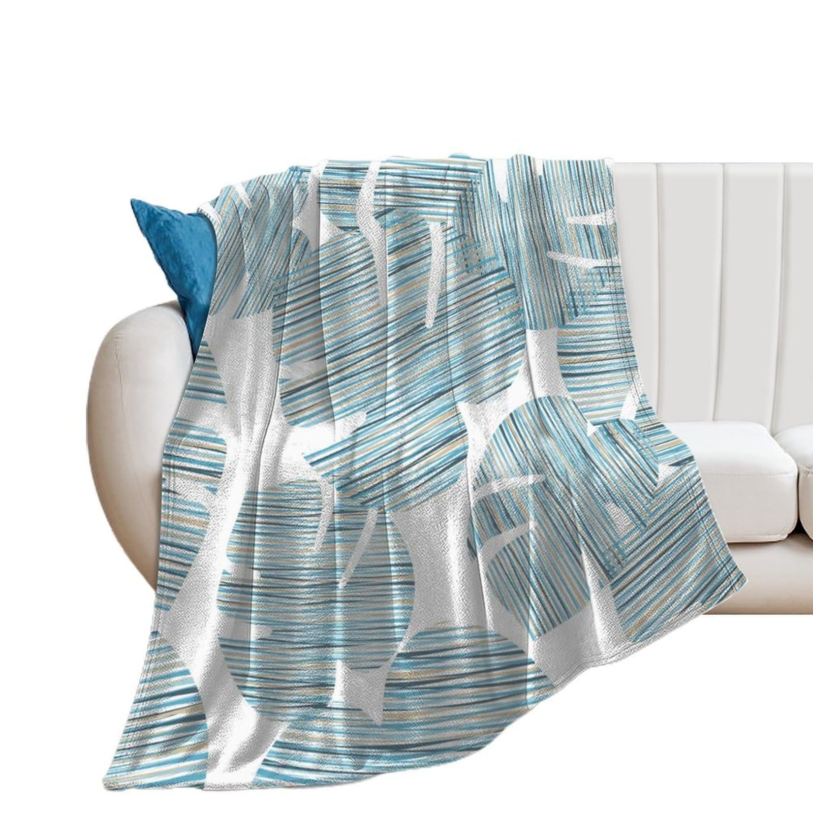 Couverture polaire feuille bleue 100x130cm en flanelle rayée pour canapé
