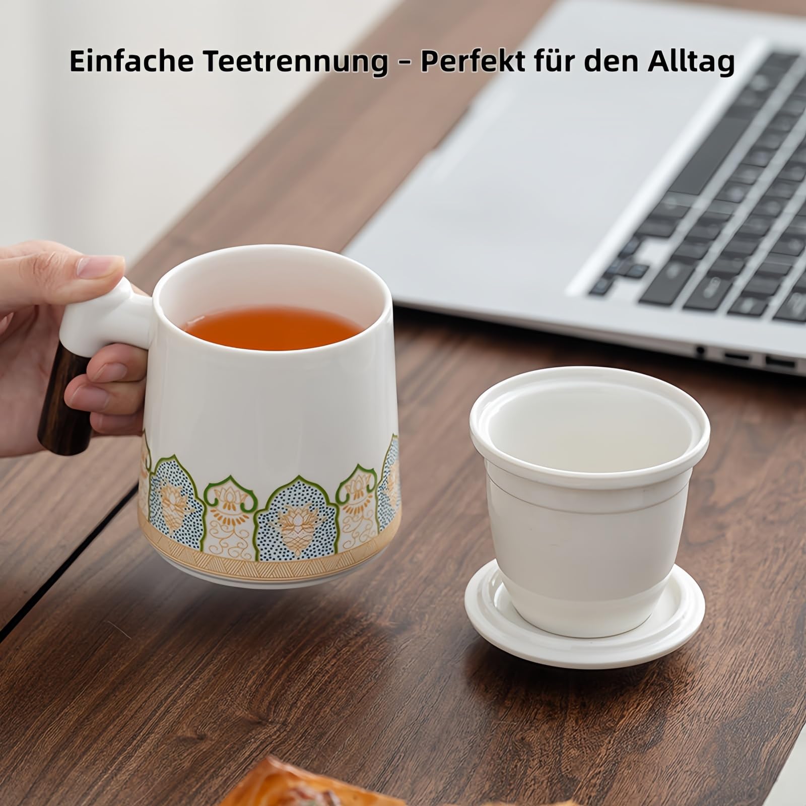 Teetasse mit Deckel & Sieb 400ml, Keramik Becher mit Holzgriff & Porzellanfilter für Büro, Haushalt oder Geschenk (Elfenbein - 4 Stück)