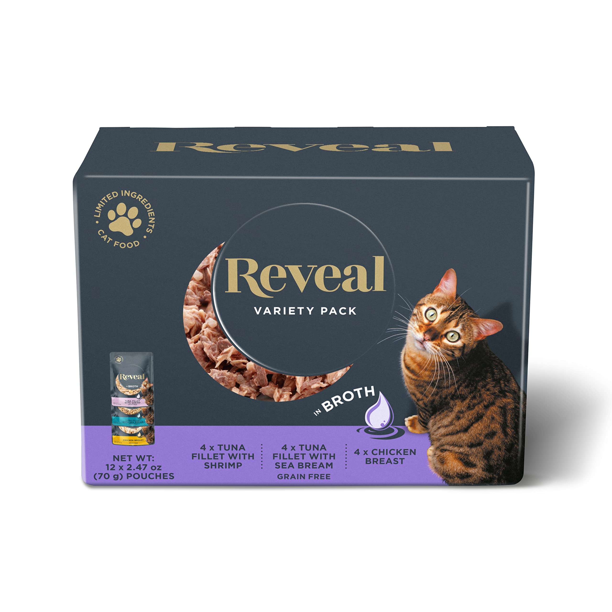 reveal natural wet cat food, 12 pack, limited ingredient wet cat food pouches, grain free food for cats, variety of fish and chicken flavors in broth, 2.47oz pouches