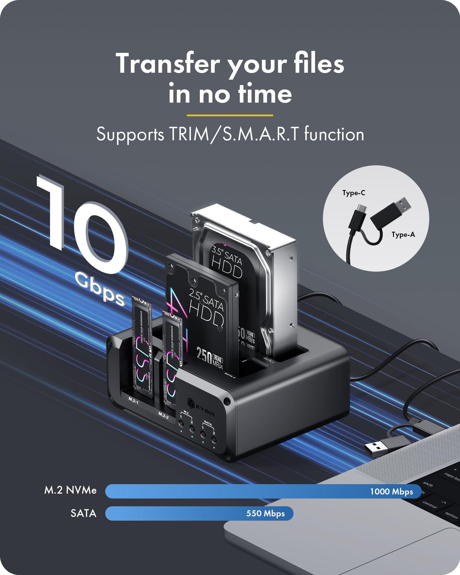 Docking station per dischi rigidi NVMe M.2 e SATA SSD/HDD a 4 alloggiamenti, lettore ICY BOX USB-C 10Gbps NVMe, SATA a M.2 NVMe, docking station per disco rigido 2.5/3.5 fino a 48 TB, interruttori di