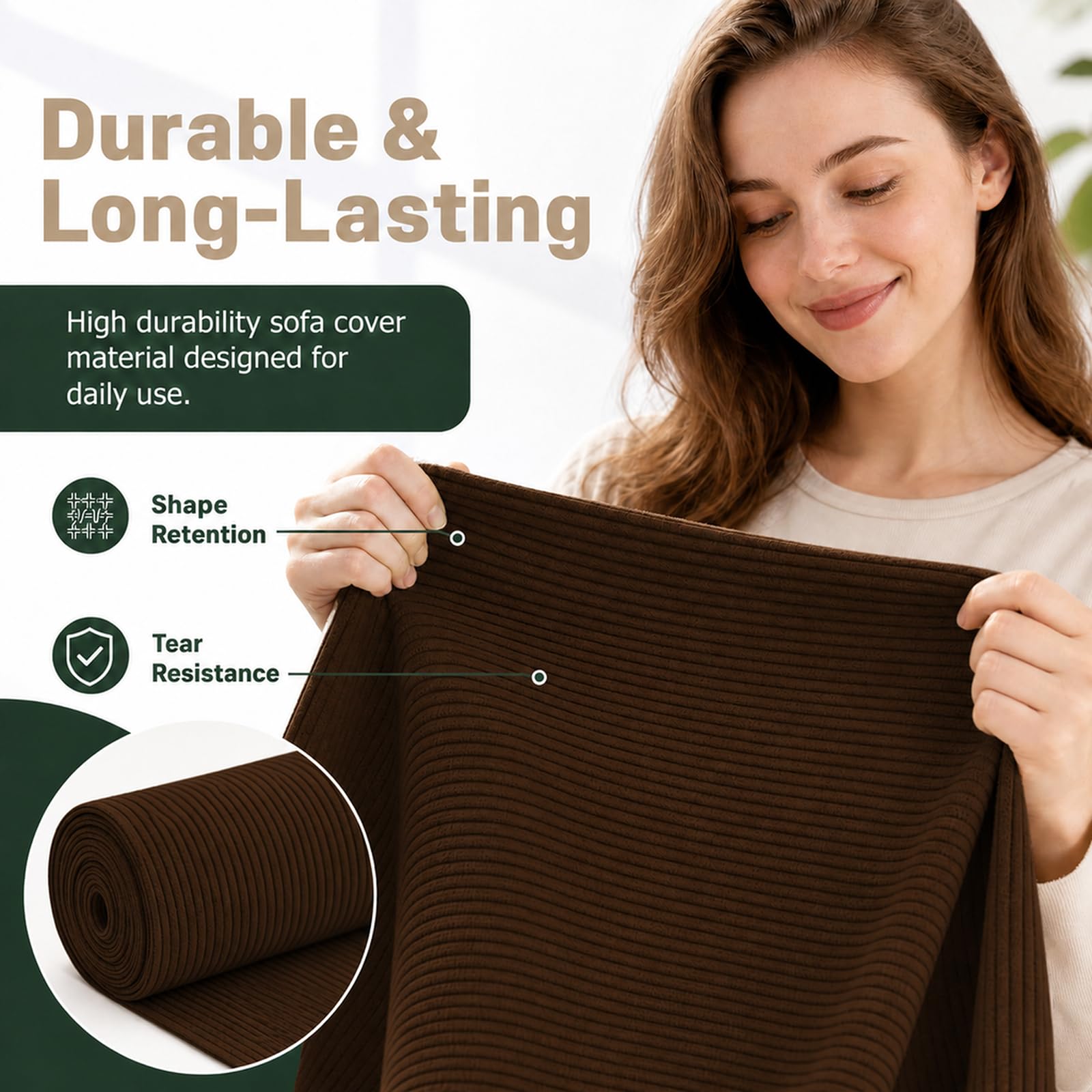 Tissu velours côtelé au mètre - 500 x 140 cm - Tissu d'ameublement - Pour bricolage, couture, artisanat, meubles, canapé, taies d'oreiller, vêtements (marron foncé)