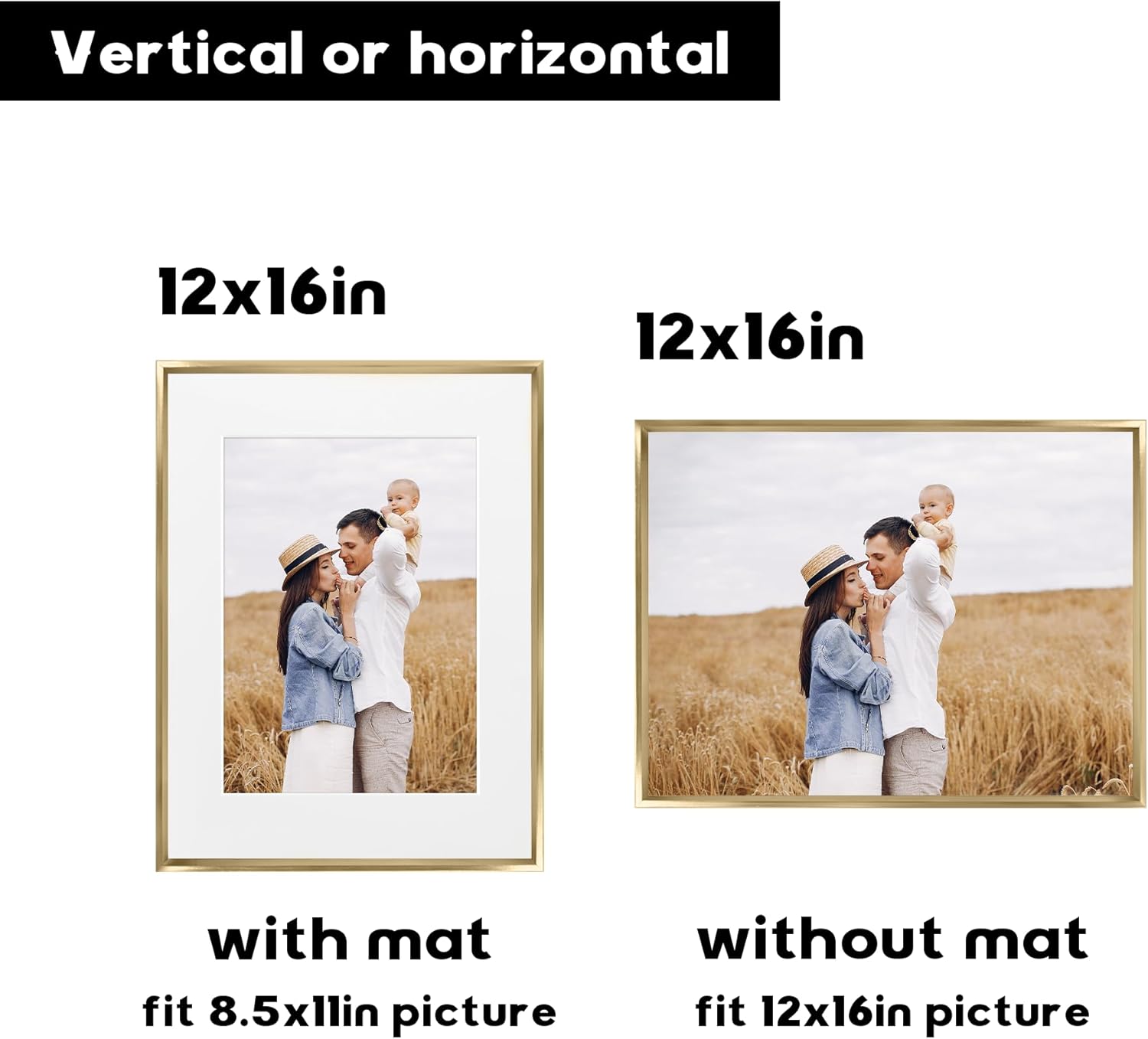 jenesaisquoi 12x16 Picture Frame 2 Pack - Display Posters 8.5x11 with Mat or 12x16 Without Mat - Vertical & Horizontal Wall Hanging for Posters & Art Prints Gold Aluminum Alloy