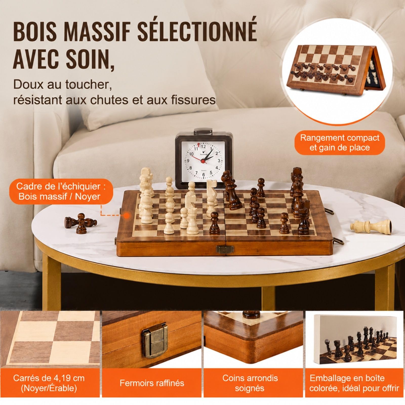 Jeu d'échecs magnétique en Bois, Ensemble 2 en 1 échecs et Dames, échiquier Pliable pour Voyage et soirée Jeux