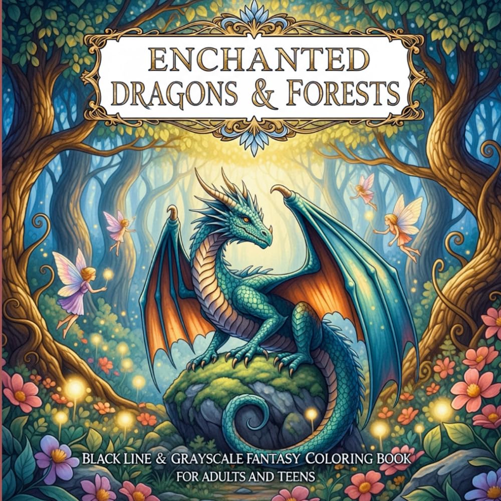 Enchanted Dragons & Forests: Black Line & Grayscale Fantasy Coloring Book for Adults and Teens