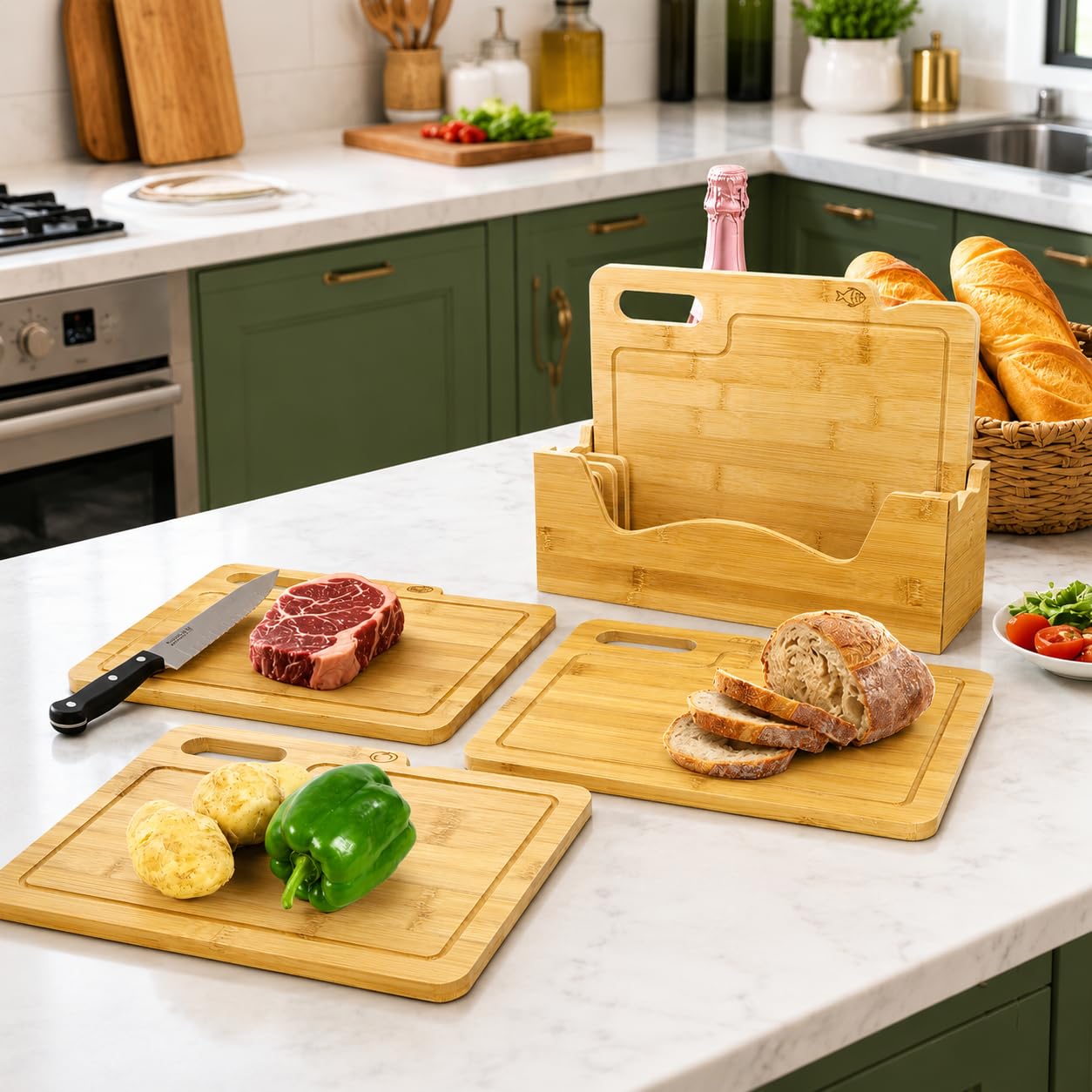 ZENFUN Set di 4 taglieri in bambù con supporto, set di taglieri in legno, set di taglieri con icone alimentari, tagliere da cucina ideale per carne, pesce, pane, verdura, frutta