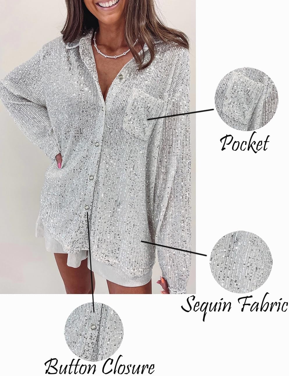 Sequin Button Down Shirt Open Front Long Sleeve Glitter Sequin Top Sparkle Top Blouse with Pocket
