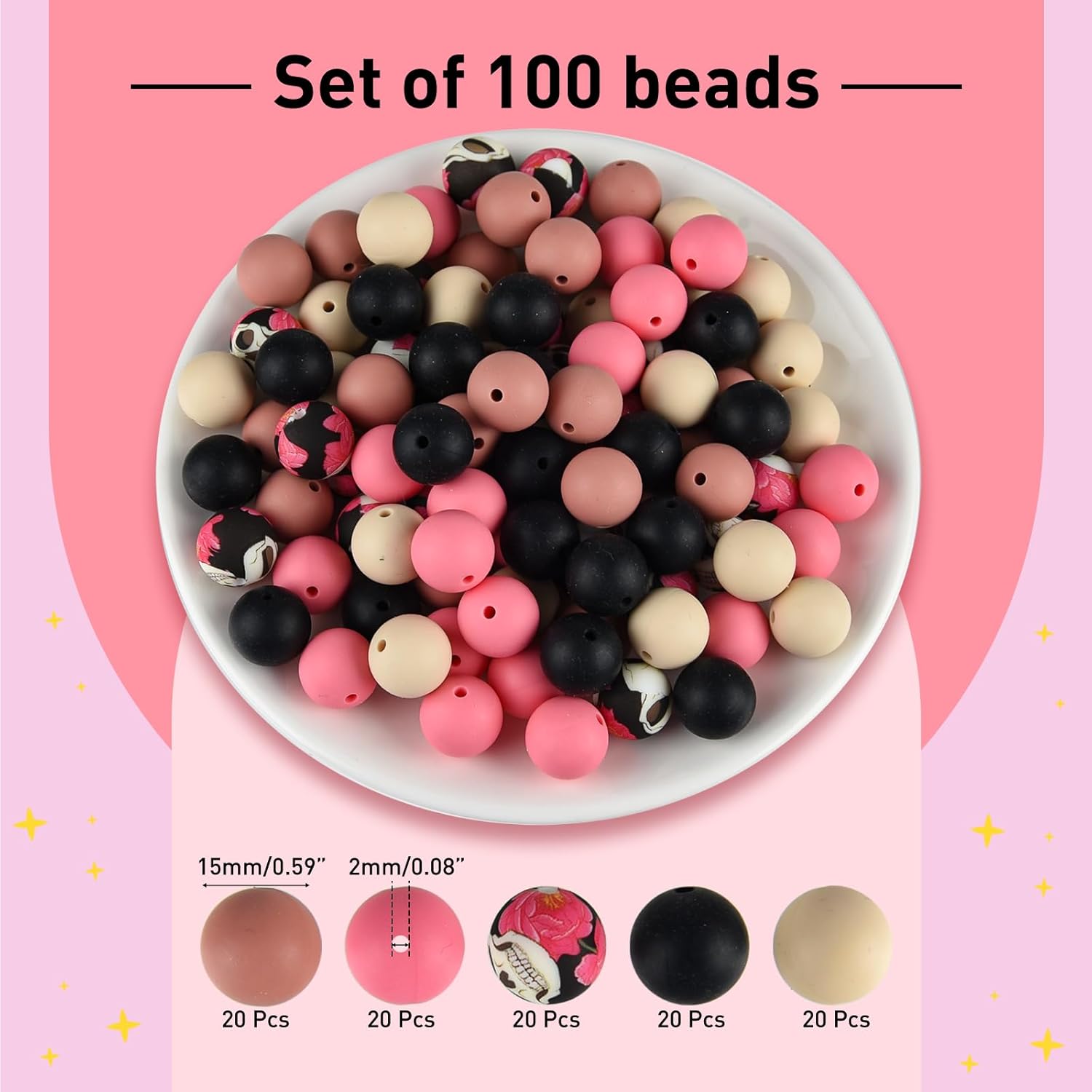 ASTARON 100 Pcs 15mm Silicone Beads for Keychain Making, Off-White Pink Black Round Beads Bulk for Halloween Bracelets Crafts Beadable Pens Decorations Jewelry Making Halloween Party Favors Supplies - Image 2