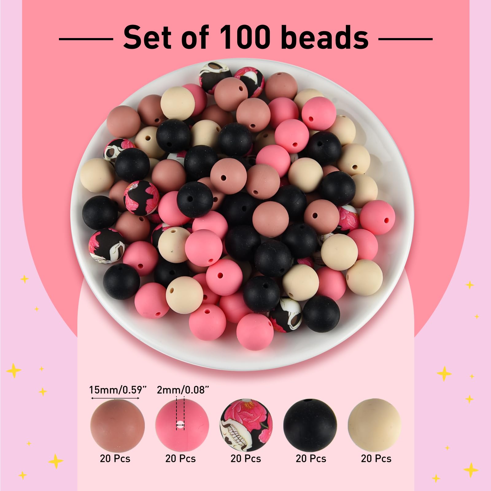 ASTARON 100 Pcs 15mm Silicone Beads for Keychain Making Off-White Pink Black Round Beads for Bracelets Crafts Beadable Pens Decorations Jewelry Making Party Favors Supplies - Image 2
