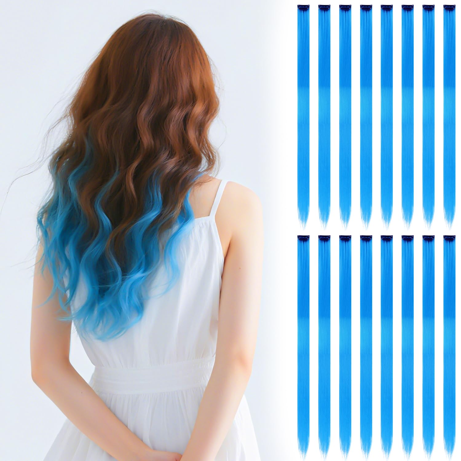 Blue Hair Extensions Clip In - 16 PCS 22" Synthetic Straight Hair Pieces for Girls and Women Highlights, bule, 56 centimeter