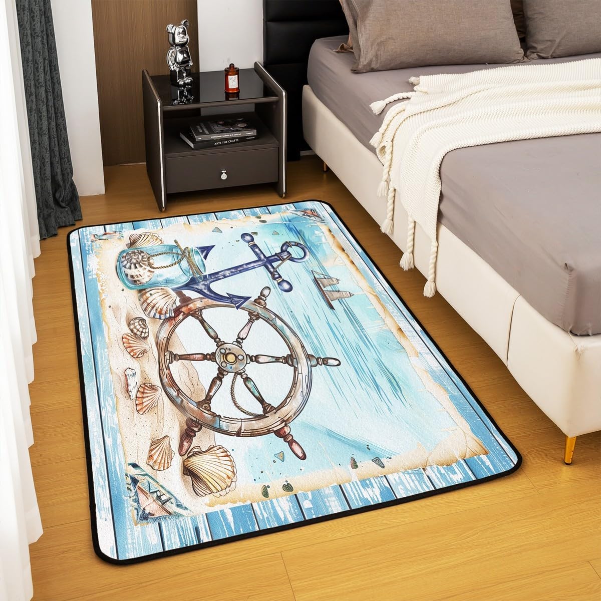 Anchor Rudder Area Rug 3x5 Coastal Sea Shell Rug for Girls Boys Kids Adult Adventure Sailing Boat Carpet for Living Room Farmhouse Wooden Non Slip Washable Decorative Rug
