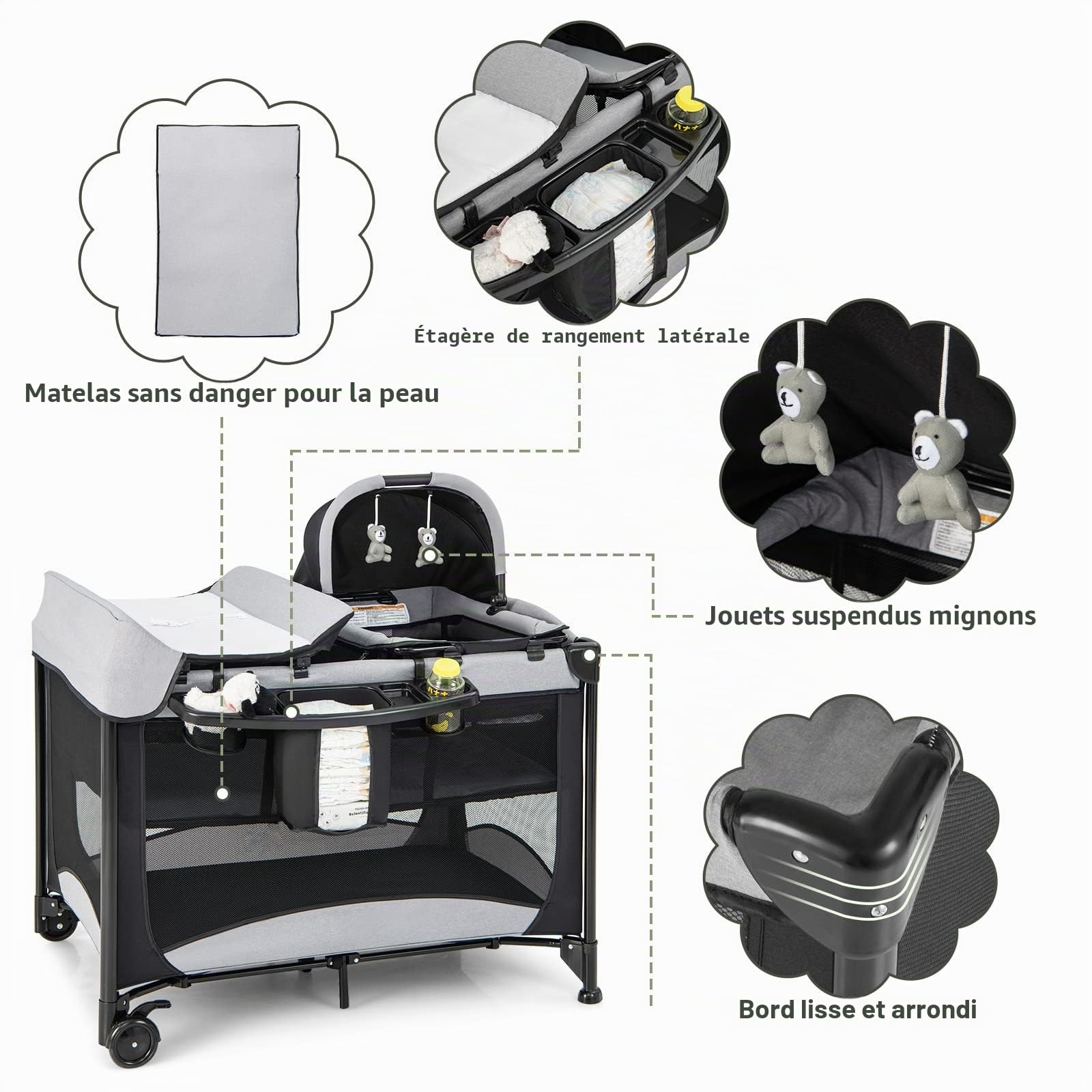 LIFEZEAL Lit Parapluie Bebe avec Matelas en PP et Tube de Fer, Lit Bébé Evolutif avec Table à Langer et Berceau, Lit Pliable avec Sac, Charge de 15 KG, 0-36 Mois, 110x78x78 CM (Noir, 110x78x78 CM)