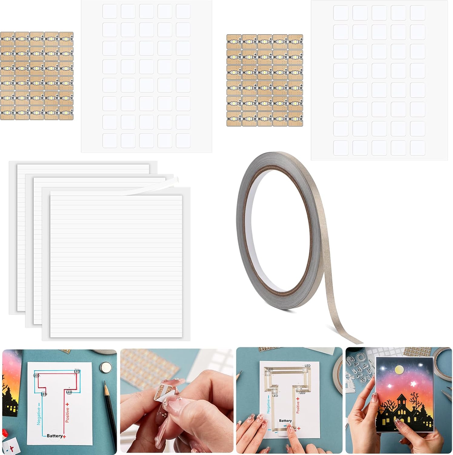 150PCS White LED Circuit Stickers and Conductive Fabric Tape,Light Craft Kit Mini Starter Kit for Crafts Projects Add Lights to a Christmas Tree,Light up a House,Create a Spooky Scene with a Ghost