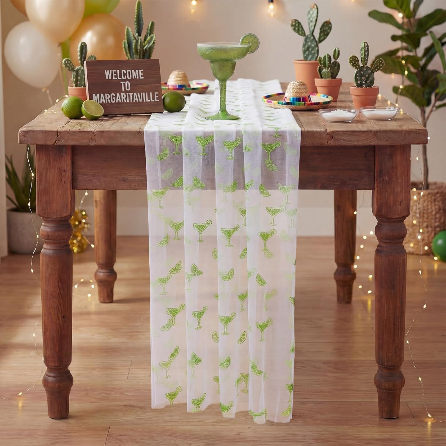 4 Pcs Margarita Table Runners 29 x 70 Inch Glitter Green Margarita Tulle Lace Table Runners for Margs and Matrimony Bachelorette Bridal Shower Cocktail Wedding Birthday Party Home Decor