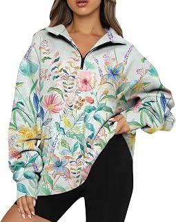 DIYIOUZHOU Quarter Zip Pullover For Women Plus Size Tops for Women Lightweight Classic Office Winter Long Sleev 1/4 Zip Polyester Flower Half Zip Baggy Tops for Women Green