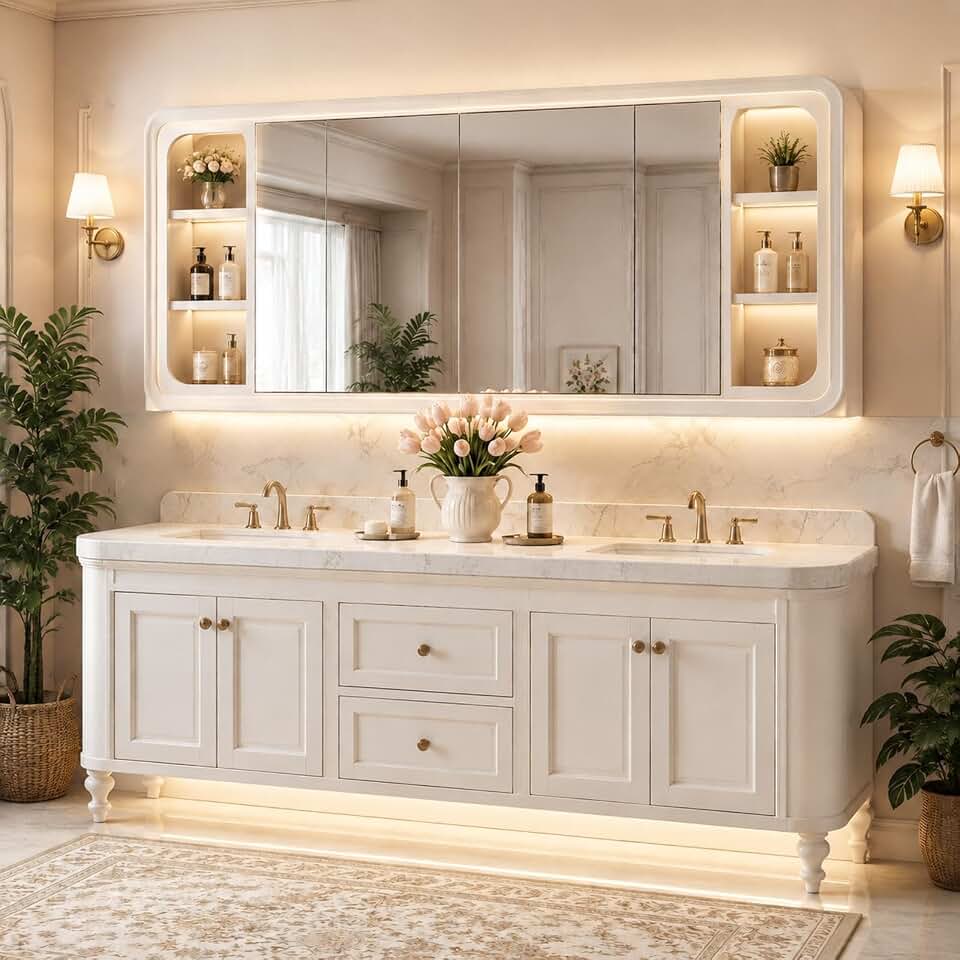 98 in Freestanding Double-Sink Bathroom Vanity with LED Mirror Cabinet