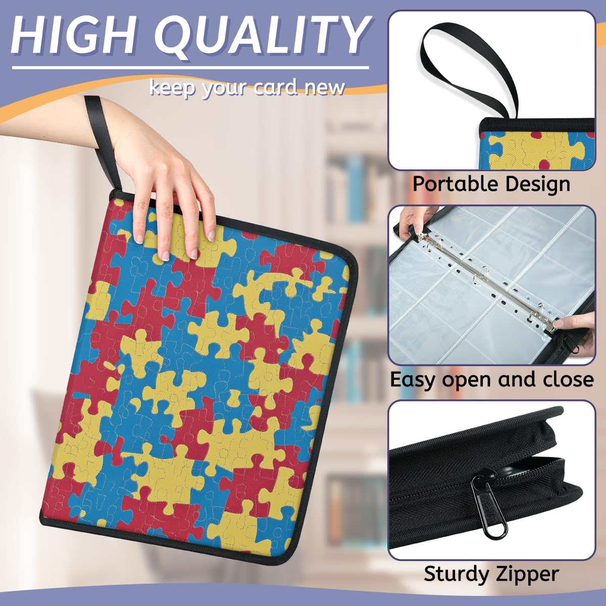 Mexpekil Raccoglitore di carte colorato puzzle 9 tasche con 50 pagine a caricamento laterale maniche cartella di raccolta di carte per 900 carte con cerniera album di carte collezionabili impermeabile
