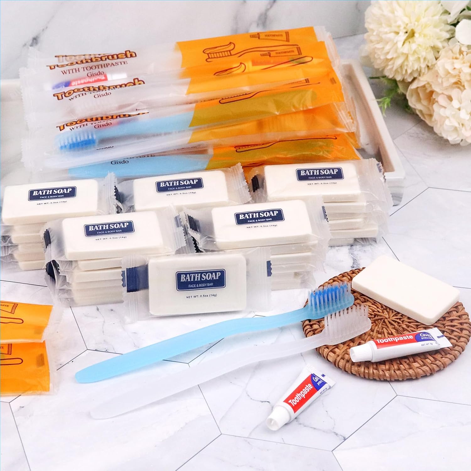 100 Pack Disposable Toothbrushes with Toothpaste and Soap Individually Wrapped, 100 pcs Toothbrushes (Blue, White) with 100 pcs Bar Soap(0.5 oz)