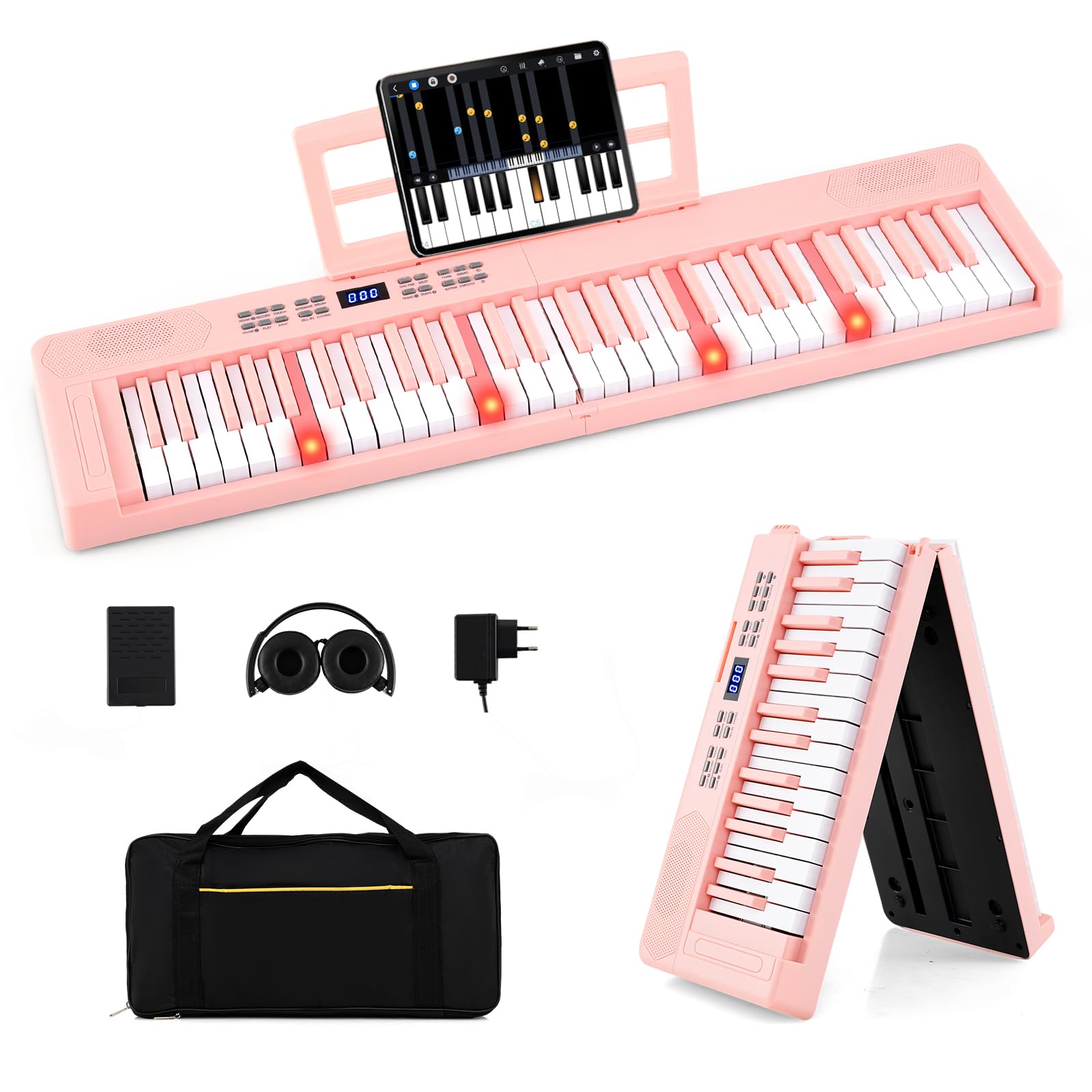 COSTWAY Tastiera Pianoforte Pieghevole a 61 Tasti, Tastiera Elettronica con Funzione MIDI, Cuffie, Pedale Sustain, Pianoforte Digitale Portatile per Principianti (Rosa)