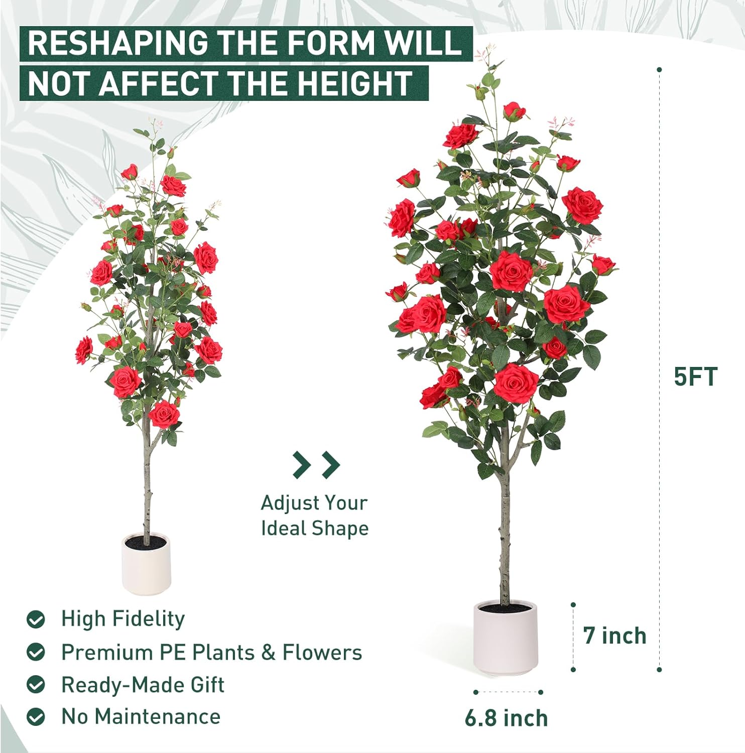 2 pcs Pack Artificial Rose Tree - 63 inch Rose Plant with Decorative White Planter,336 Leaves and 36 Blooming Outdoor Fake Flower Trees,Faux Plants for Indoor Home Front Door Decor