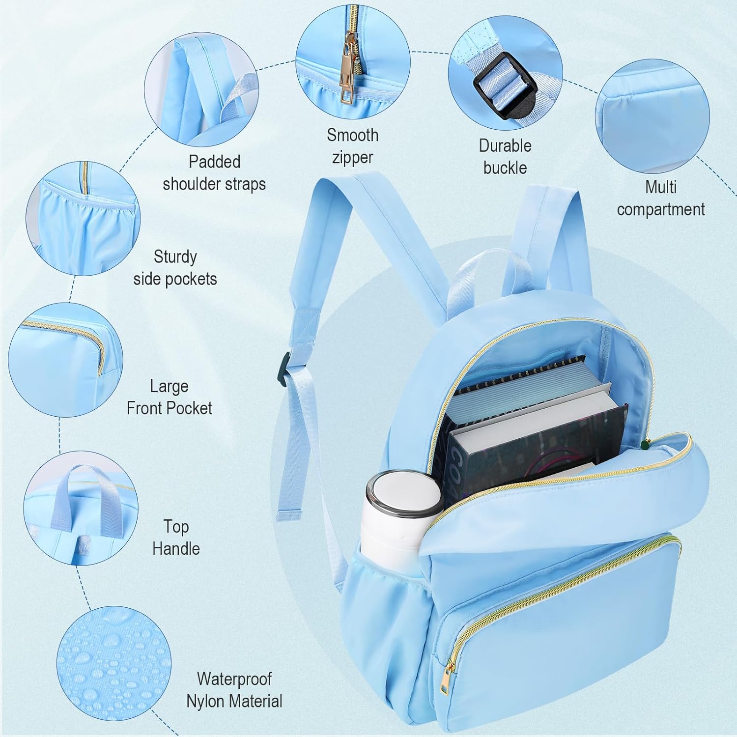 Cunno 1 Piece Nylon Backpack Kids School Backpack for Toddler Girls Boys Plain Waterproof Preppy Bookbags Travel for Student (Blue) - Image 4