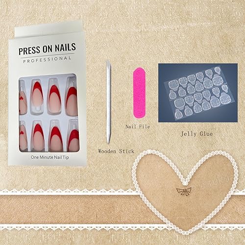Miniatura 6 de Uñas postizas a presión de punta francesa de almendra, medianas, uñas postizas acrílicas artificiales con diseño de corazón de amor rojo, cobertura