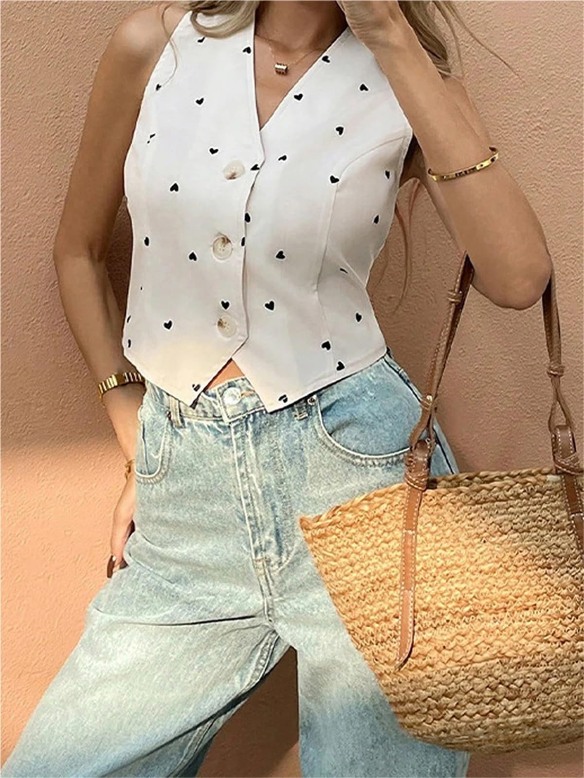 Blusa sin Mangas con Cuello en V for Mujer, Informal, Botones y Tirantes Finos, de Verano para Mujer