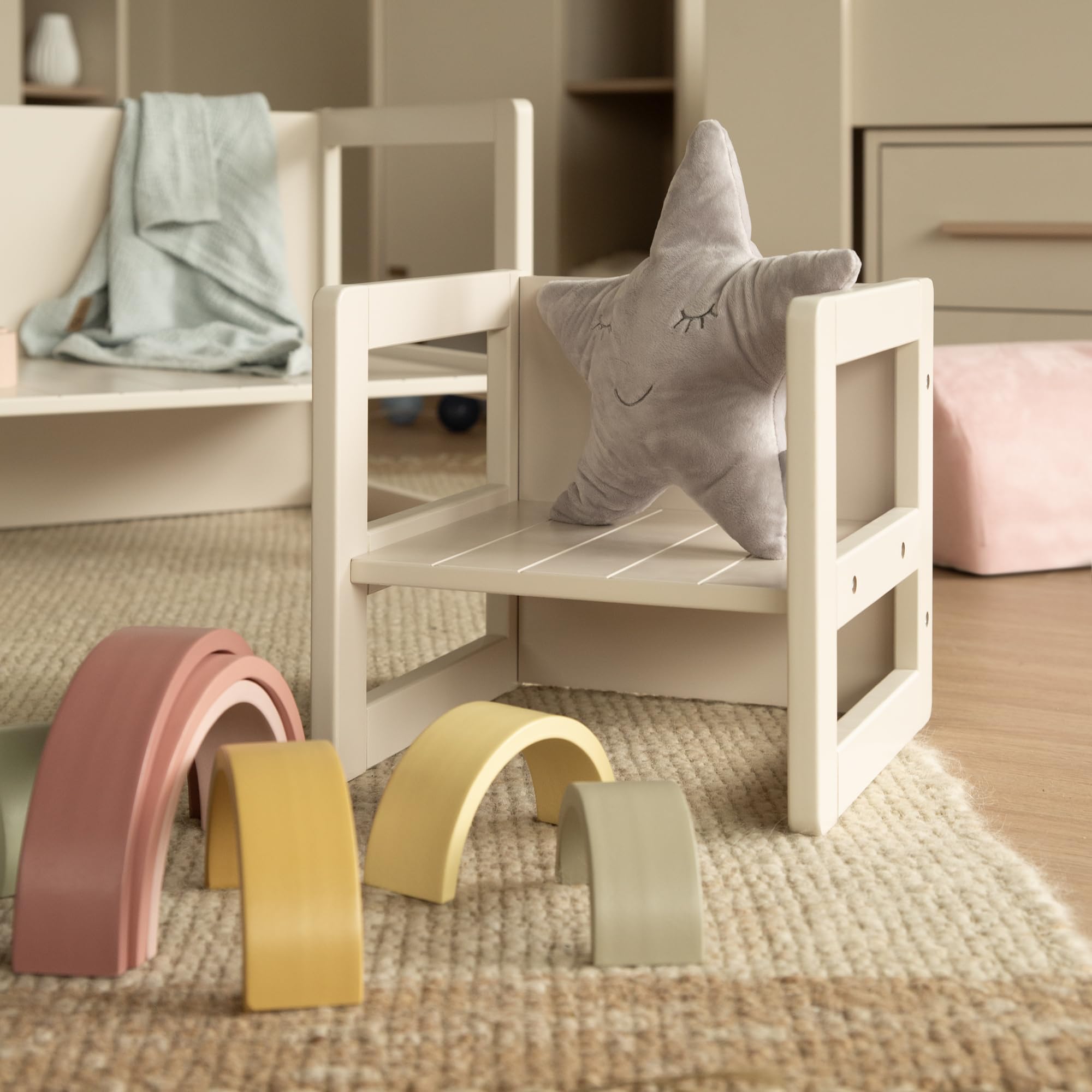 Sgabello per Bambini in Stile Country Reversibile 3 Altezze Seduta Legno Beige/Cashmere