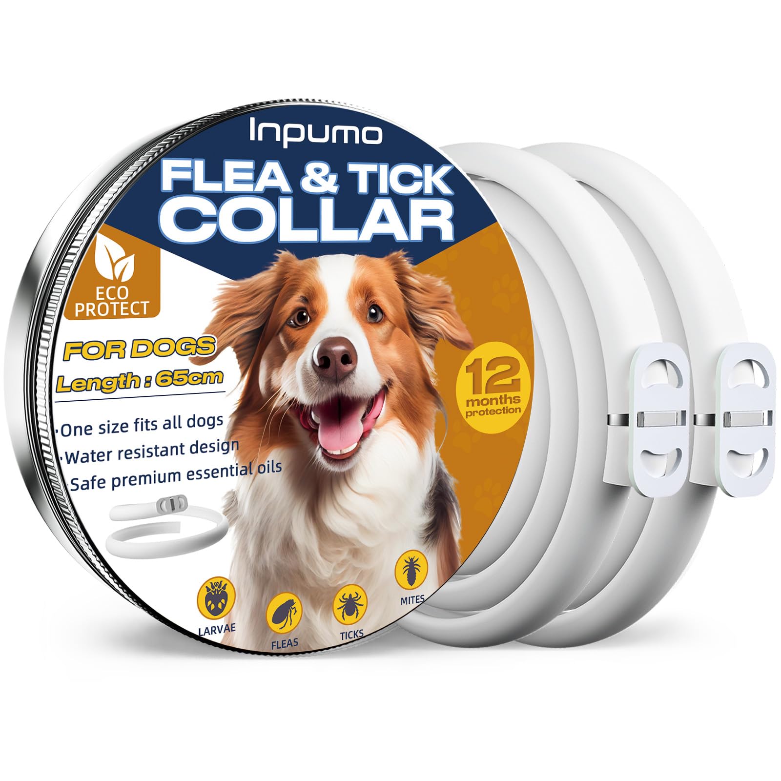 Collar Antiparasitario para Perros, Collar Antipulgas Perros 12 Meses Protección, Impermeable y Ajustable para Perro Pequeños, Medianos y Grandes, 2pcs