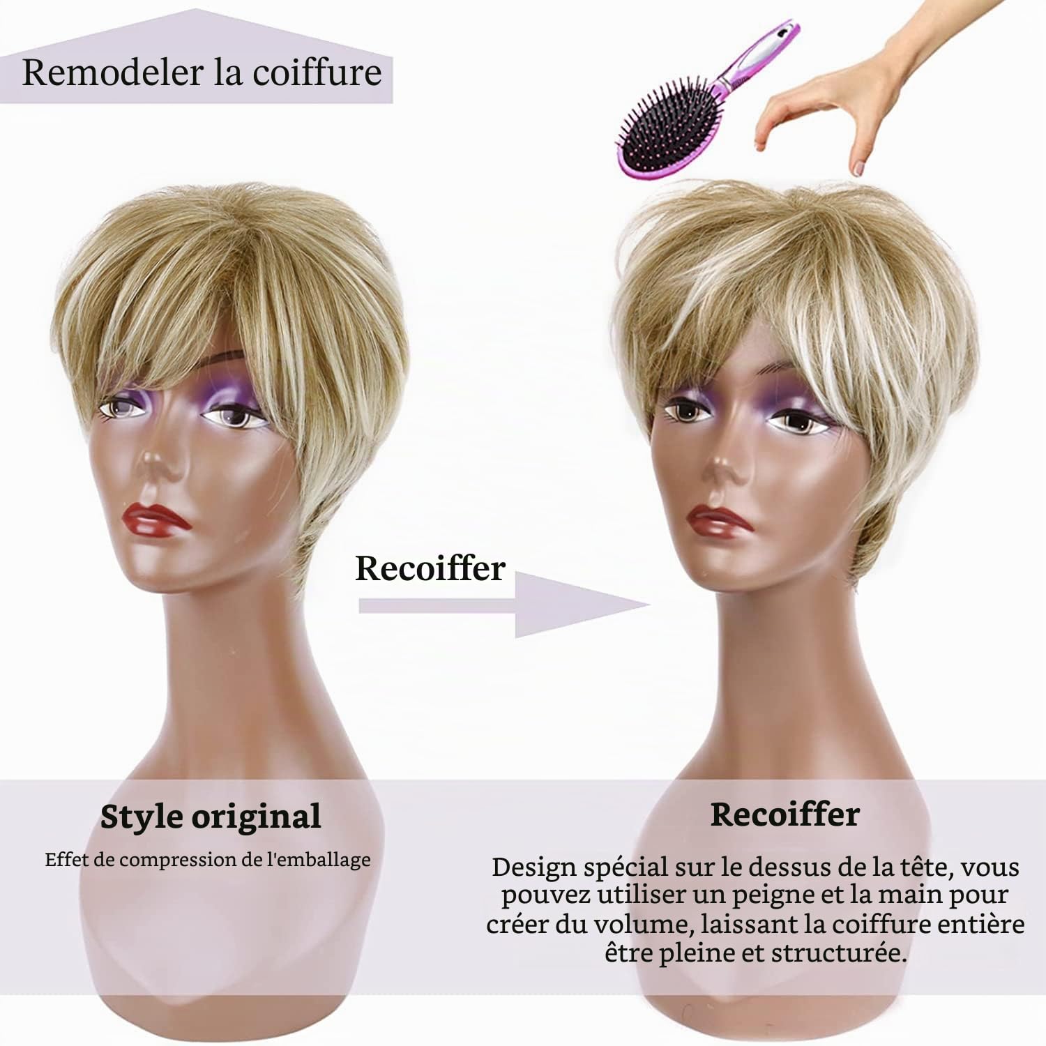 Creamily Perruques blondes courtes pour femme, coupe Pixie avec frange, cheveux synthétiques naturels lisses, perruque courte pour femme, perruque quotidienne, cosplay, fête, blond mélangé marron