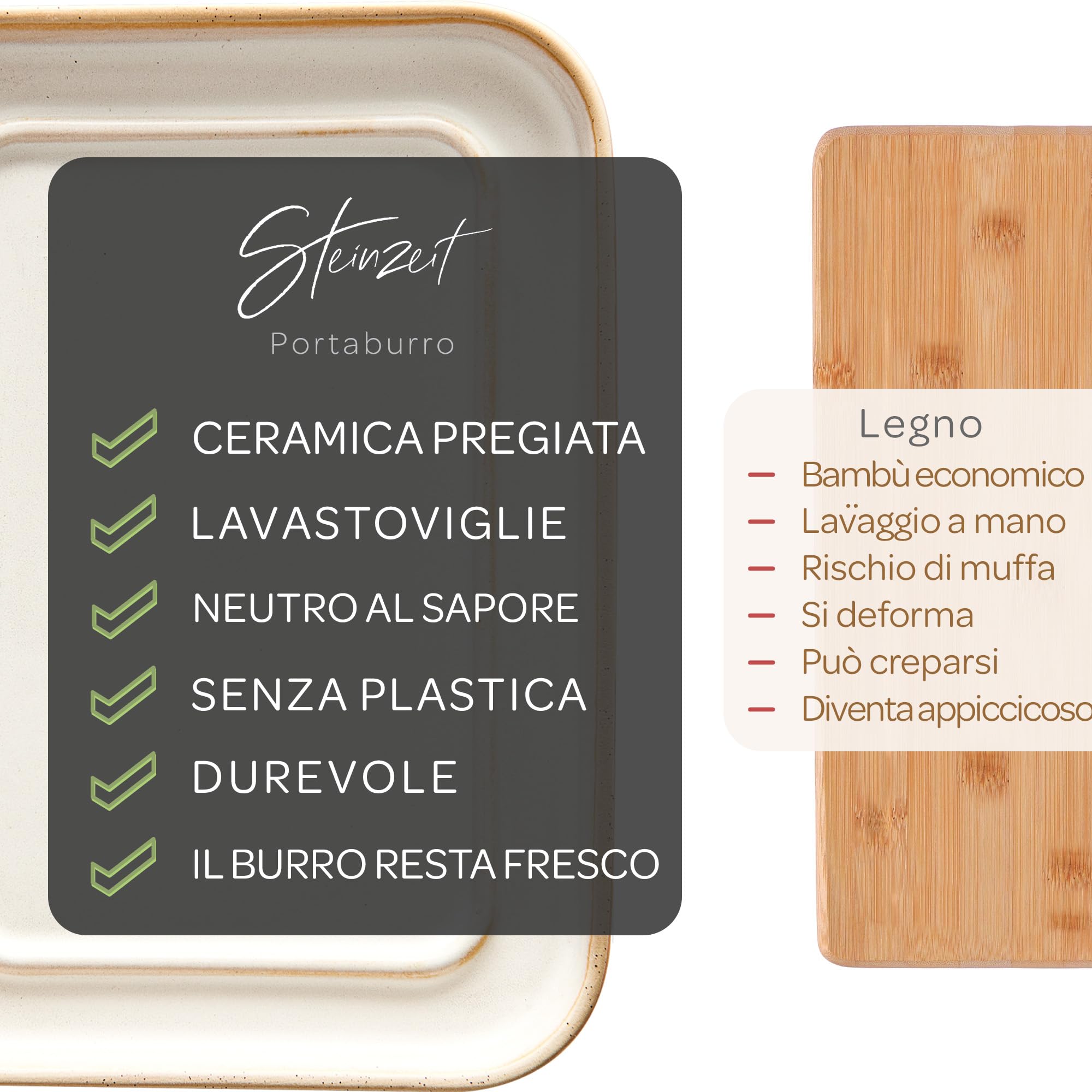 Steinzeit Burriera Design - Porta burro da frigorifero - burriera in ceramica per tutti i tipi di burro comuni (250 g) - Piatto per burro adatto alla lavastoviglie - portaburro da frigo