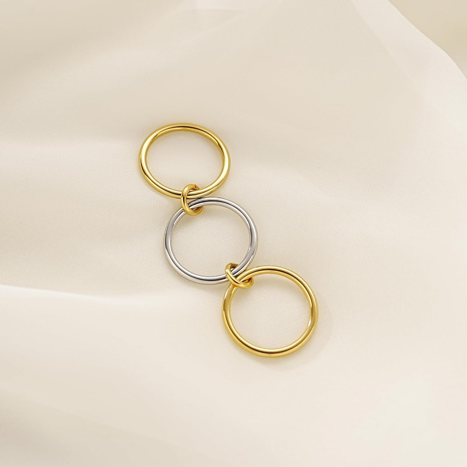 AllenCOCO 14K Gold Plated Stackable Rings, 3 Ring Set with CZ Cubic Zirconia, Gold & Silver Stacked, Interlocking Band for Women Statement - Image 4