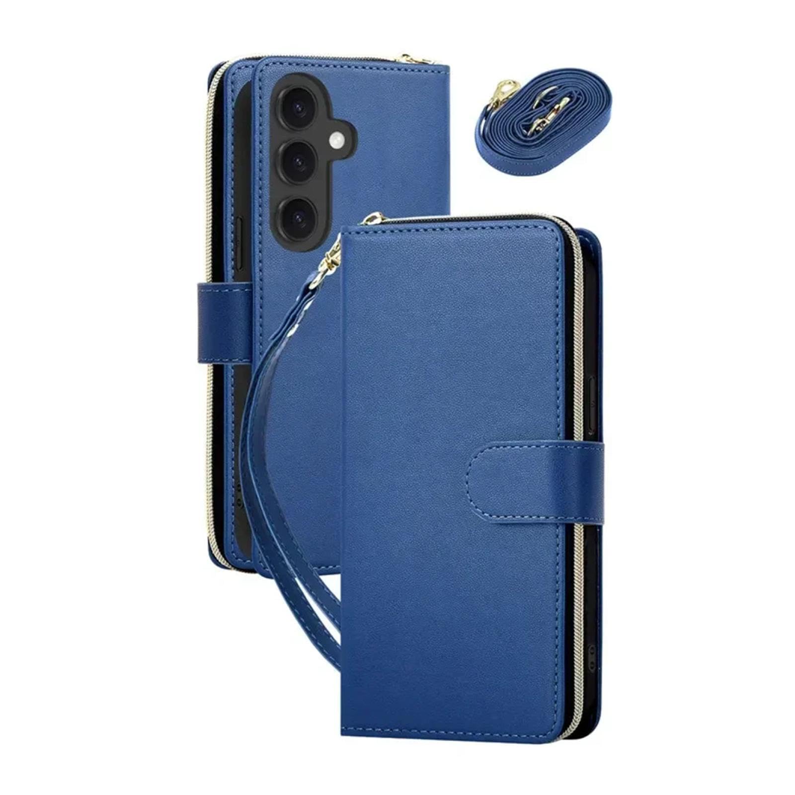 Per Samsung A06 Portafoglio in pelle con cerniera e porta carte di credito, con tracolla e laccio, custodia a ribalta (per Samsung A06/blu)