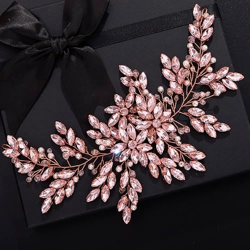 Miniatura 4 de Teyglen Diadema grande de diamantes de imitación rosados, perlas y cristales, diadema para el cabello, hecha a mano, con flores nupciales,