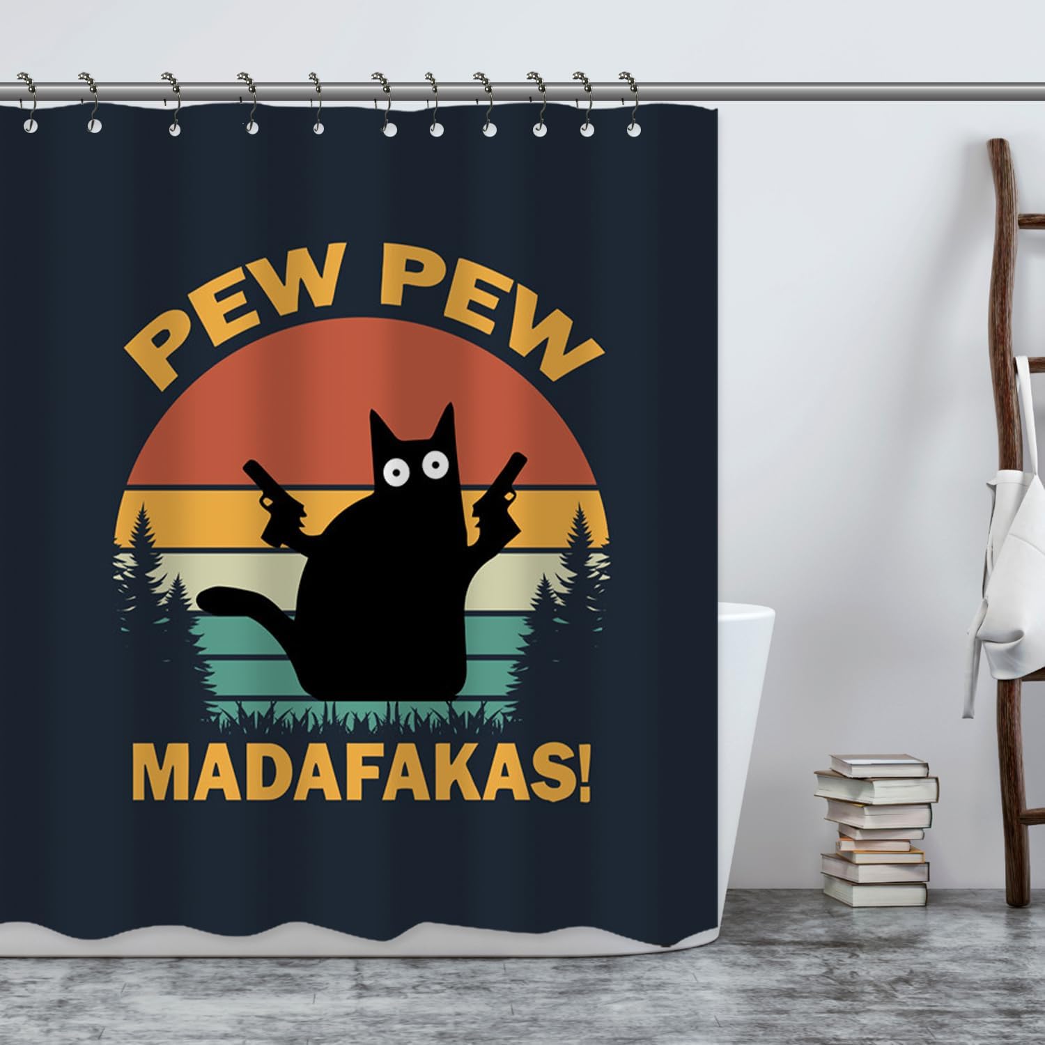 Funny Cat Shower Curtains, Pew Pew Madafakas Shower Curtain, Crazy Cat with Guns 72 x 84 Inch Waterproof Shower Curtains with Metal Hooks for Bathroom Decor