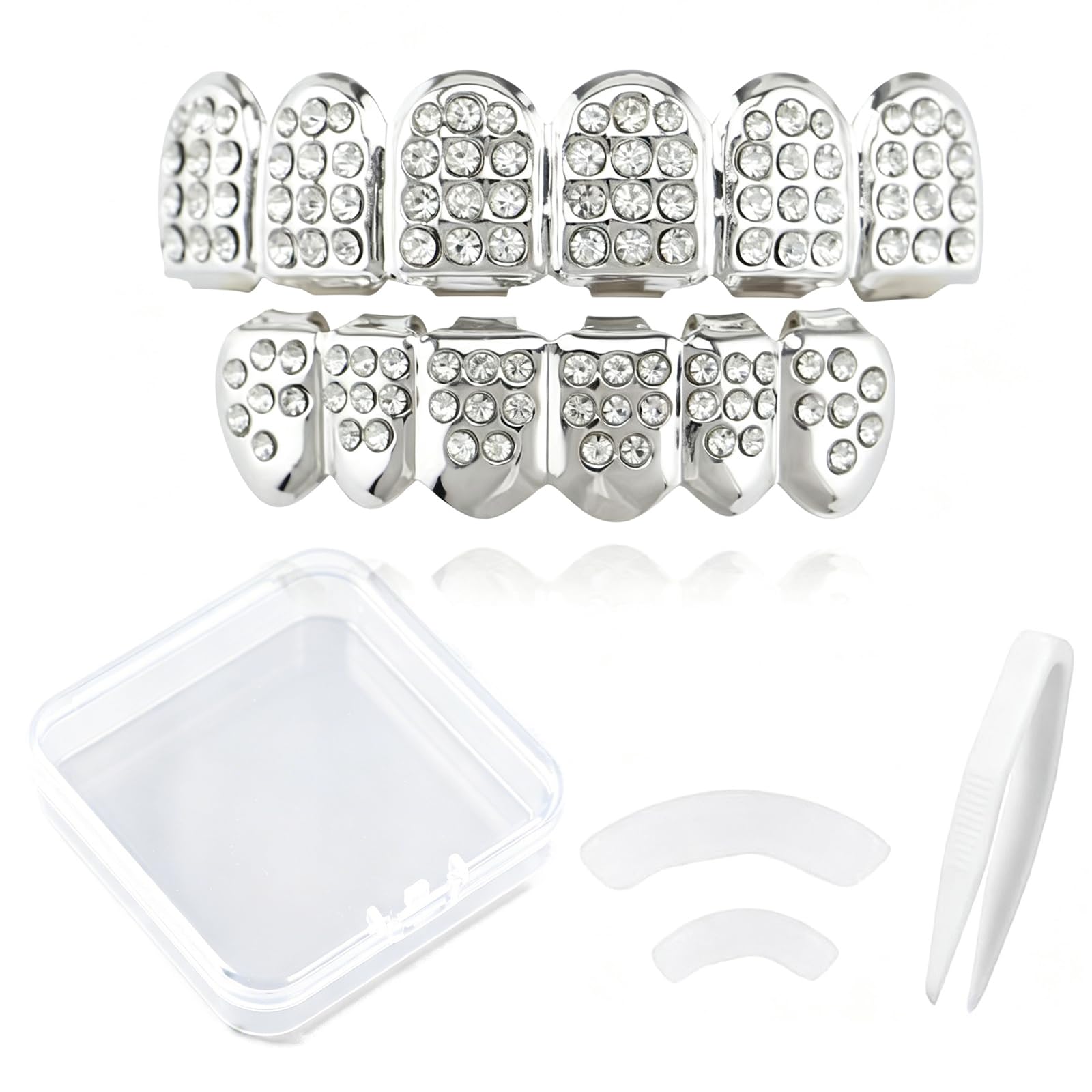 4 Pcs Silver Teeth Grillz Tweezers Teether and Transparent Storage Box Set, Teeth Grills with Bling Rhinestones Hip Hop Grillz, Suitable for Fashion Rapper Concerts and Party Events-image-27