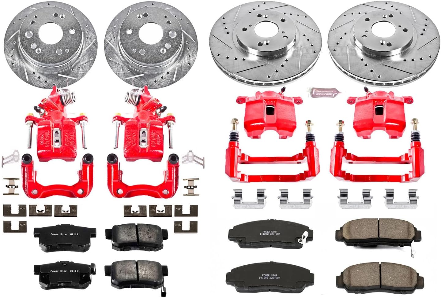 PowerStop Front and Rear Brake & Caliper Kit for Acura CL 2001-03 - Carbon-Fiber Ceramic Brake Pads + Drilled & Slotted Rotors + Red Powder Coated Calipers, KC2296
