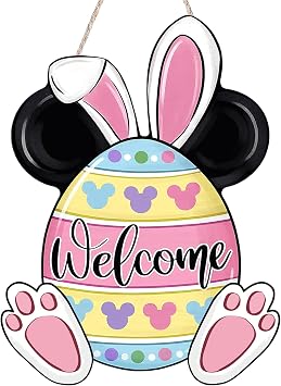 Easter Wreath for Front Door, Welcome Easter Egg Wood Door Hanger Mouse Bunny Rabbit Ears Spring Door Sign Decoration Outdoor Indoor Fireplace Window Wall Hanging Decor