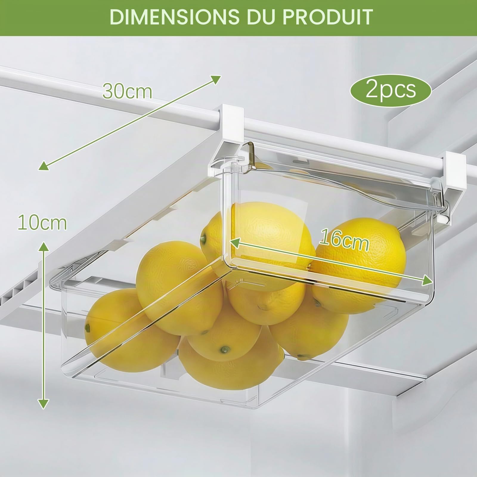 2PCS Organisateur Frigo Tiroir Coulissant Universel - Boîte De Rangement Réfrigérateur Extensible & Transparente - Bac Suspendu Pour Fruits, Légumes - Gain De Place & Installation Facile (Sans BPA)