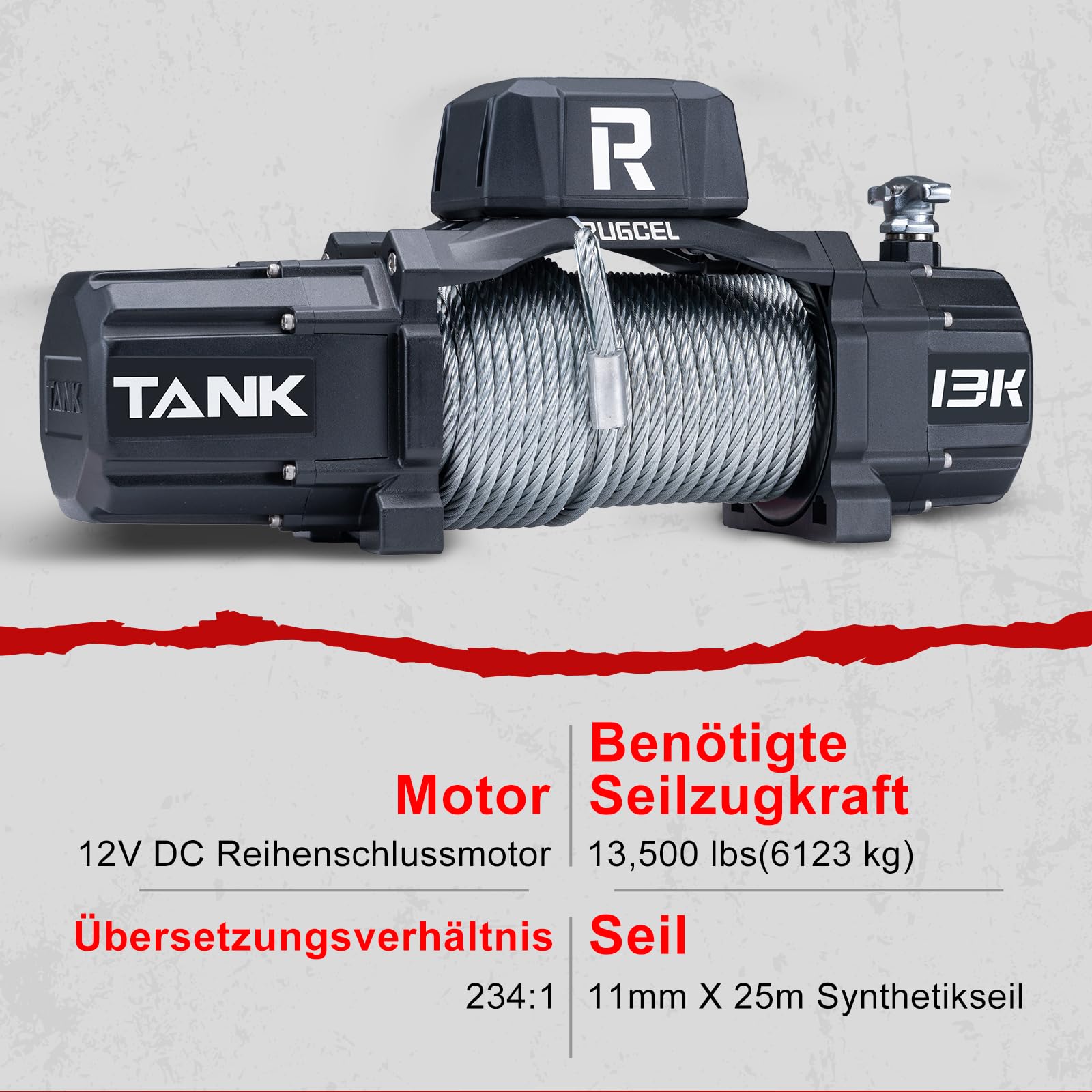 RUGCEL WINCH Elektrische Seilwinde 6123 kg (13500 lbs), 12V DC, IP67 Wasserdicht, Stahlkabel, 2-in-1 Funkfernbedienung & Kabelsteuerung, für Geländewagen,LKW & Boot