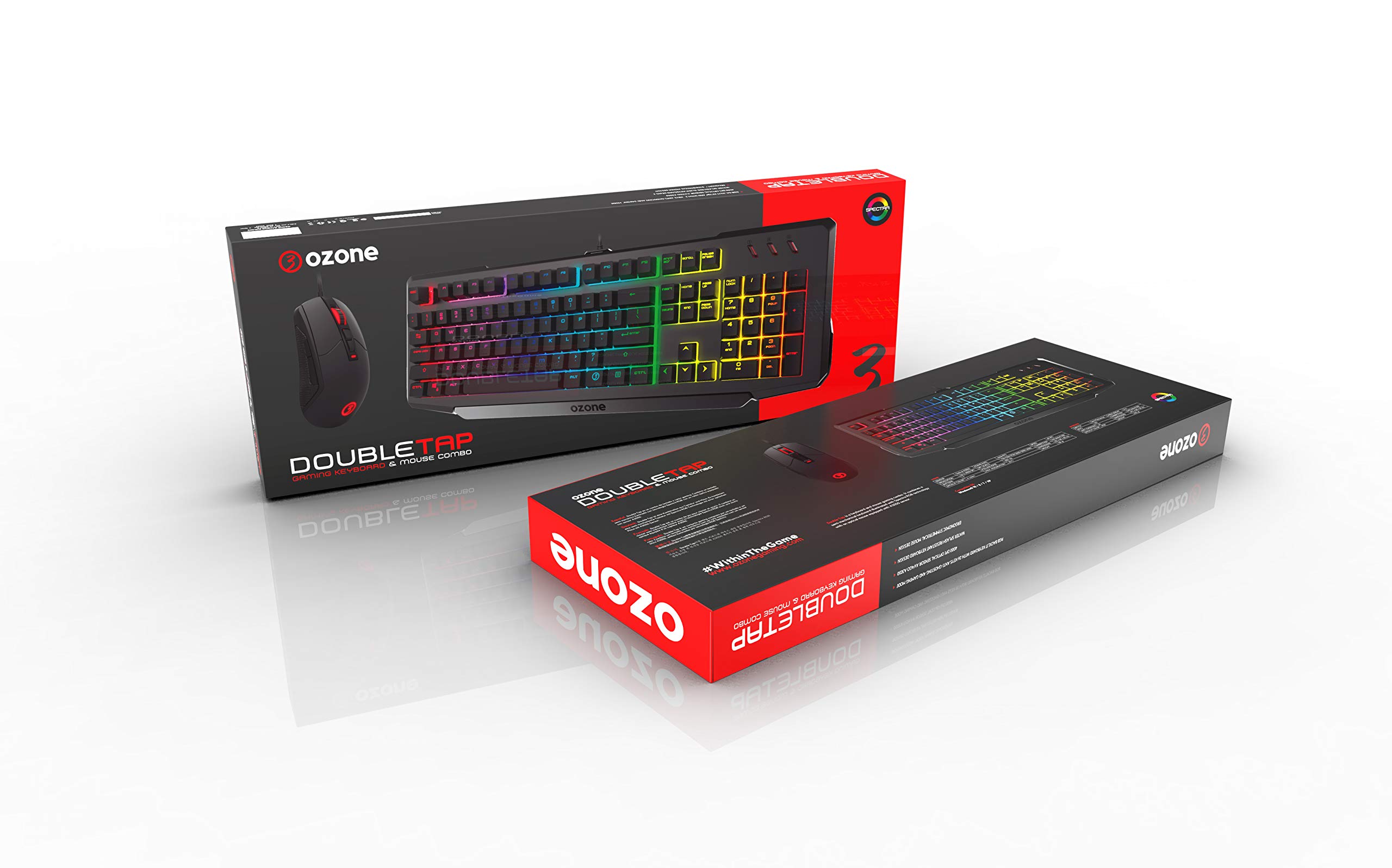 Ozone Gaming Gear Double Tap - Combo Teclado y ratón, Teclado Semi-mecánico. switches Crost Tech, Ratón Sensor óptico AVAGO A3050-4000 dpi, RGB, Layout español, Negro