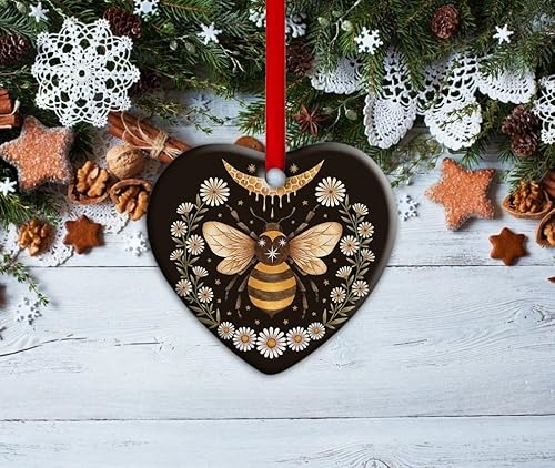 Christmas Ornaments,Christmas Tree Decorations, Heart Ceramic Ornaments For Christmas Tree Home Office Car Hanging Decor (Bee Floral) #TOP2