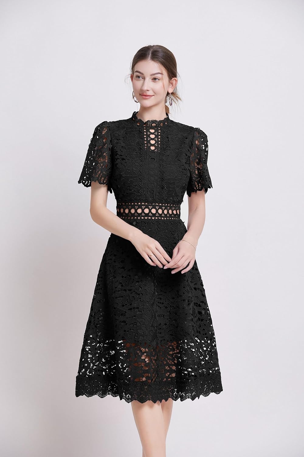 LAI MENG FIVE CATS Women's Short Sleeves Lining Lace Hollow Braided Waistband Solid Color Casual Mini Dress - Image 3