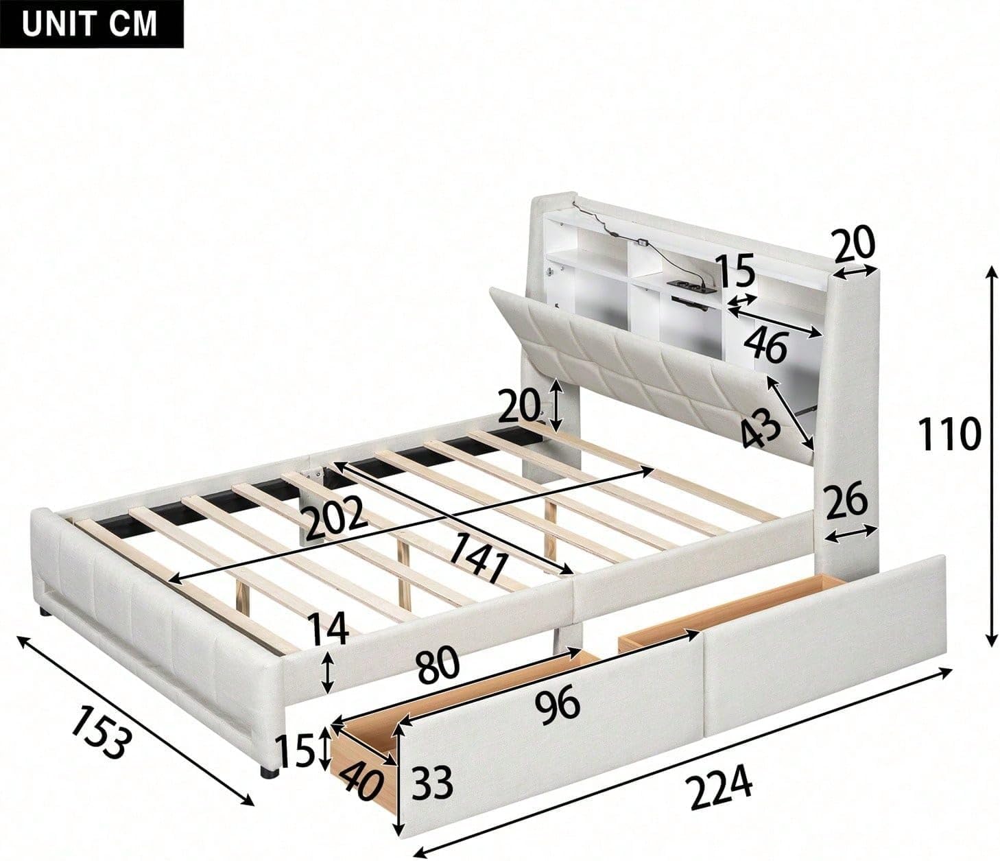 Upholstered bed with LED lighting and both storage drawers fully extended, showing ample storage space.