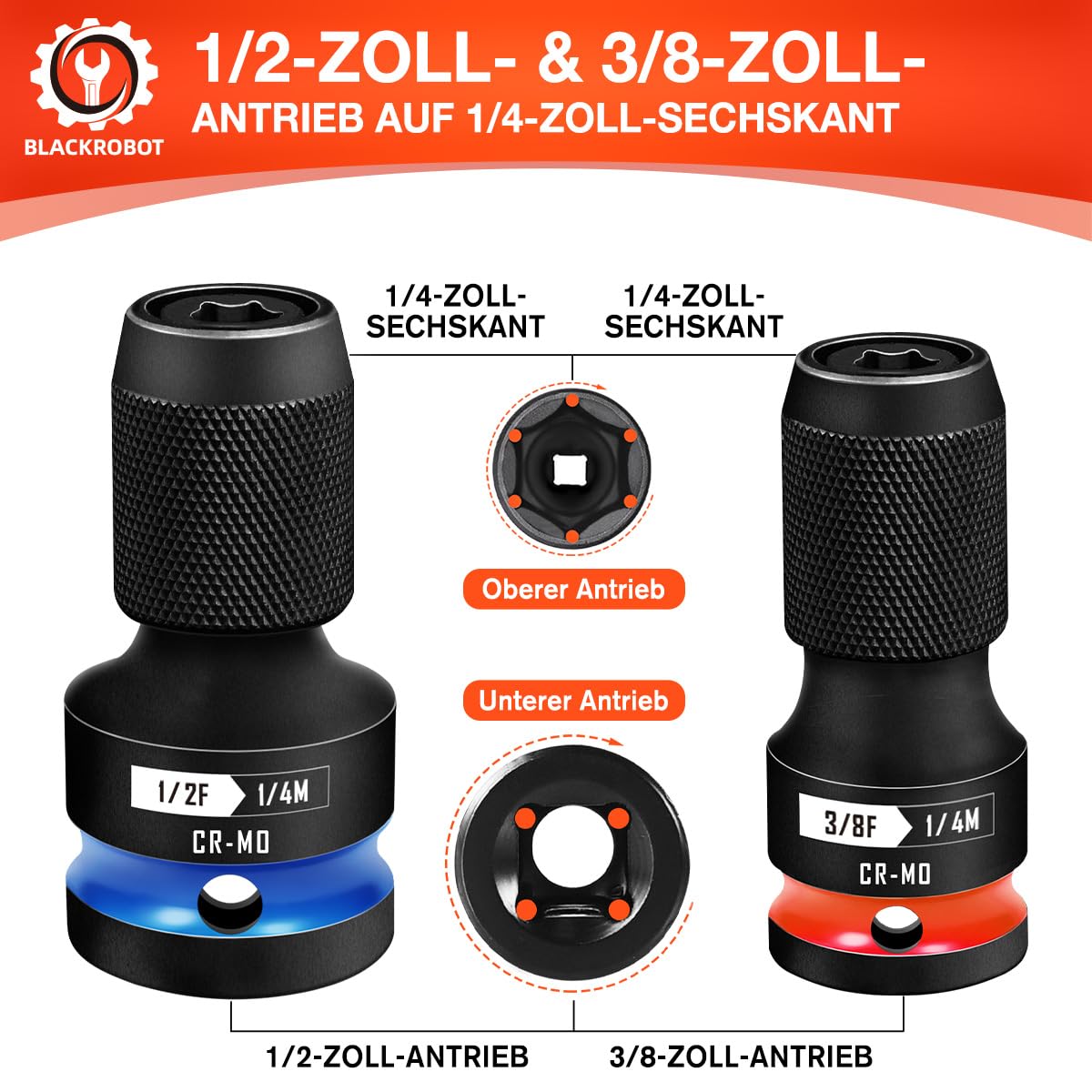 3-teiliger Schlagschrauber-Adapter-Set – 1/2“, 3/8“, 1/4“ Auf 1/4“ Sechskant, CR-MO Stahl, Für Impact-Werkzeuge