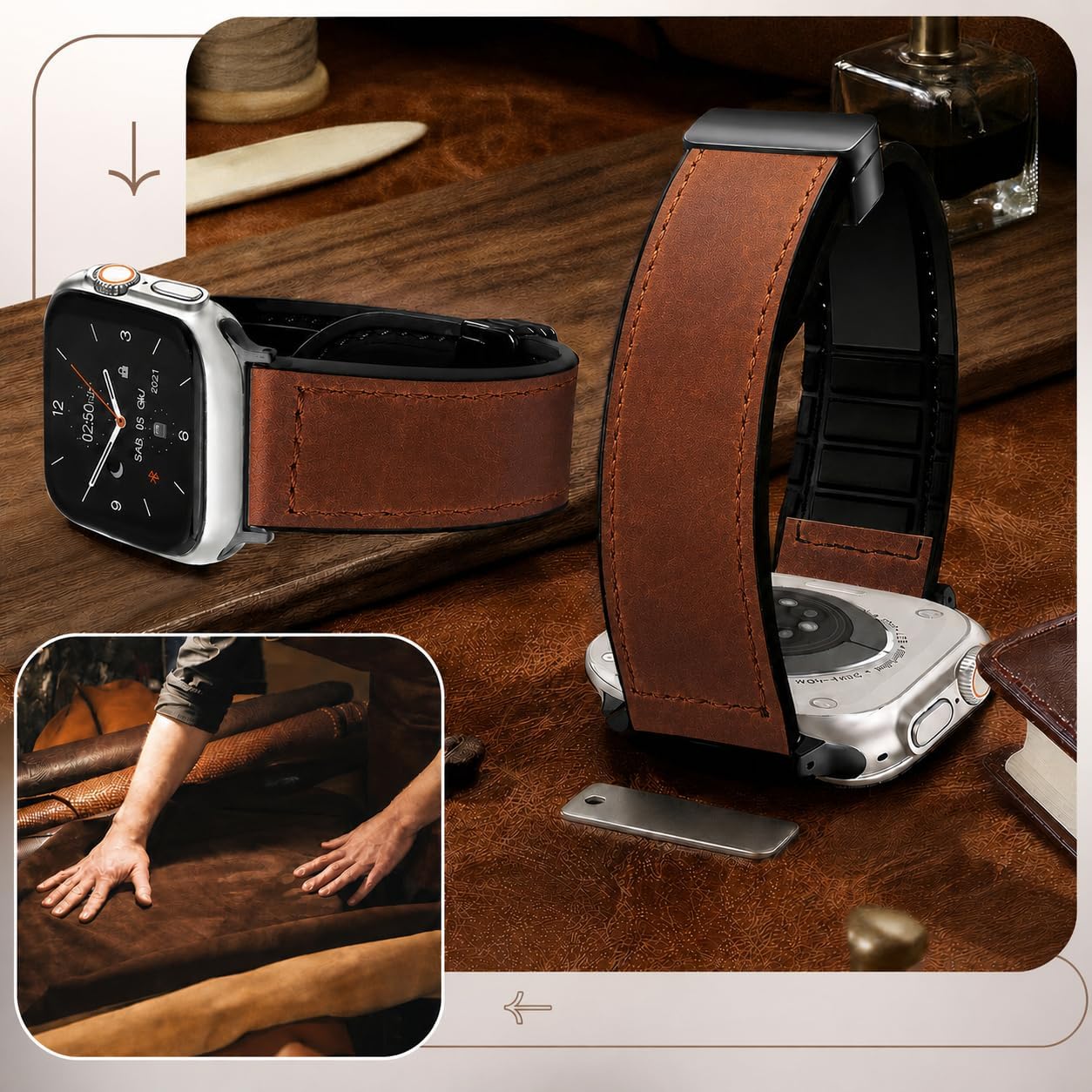 Magnetic Leather Bands Compatible with Apple Watch 49mm 46mm 45mm 44mm 42mm 41mm 40mm 38mm for Men Women, Genuine Leather Band for iWatch Ultra 3/2/1 SE 3/2/1 Series 11/10/9/8/7/6/5/4/3/2/1 image 4