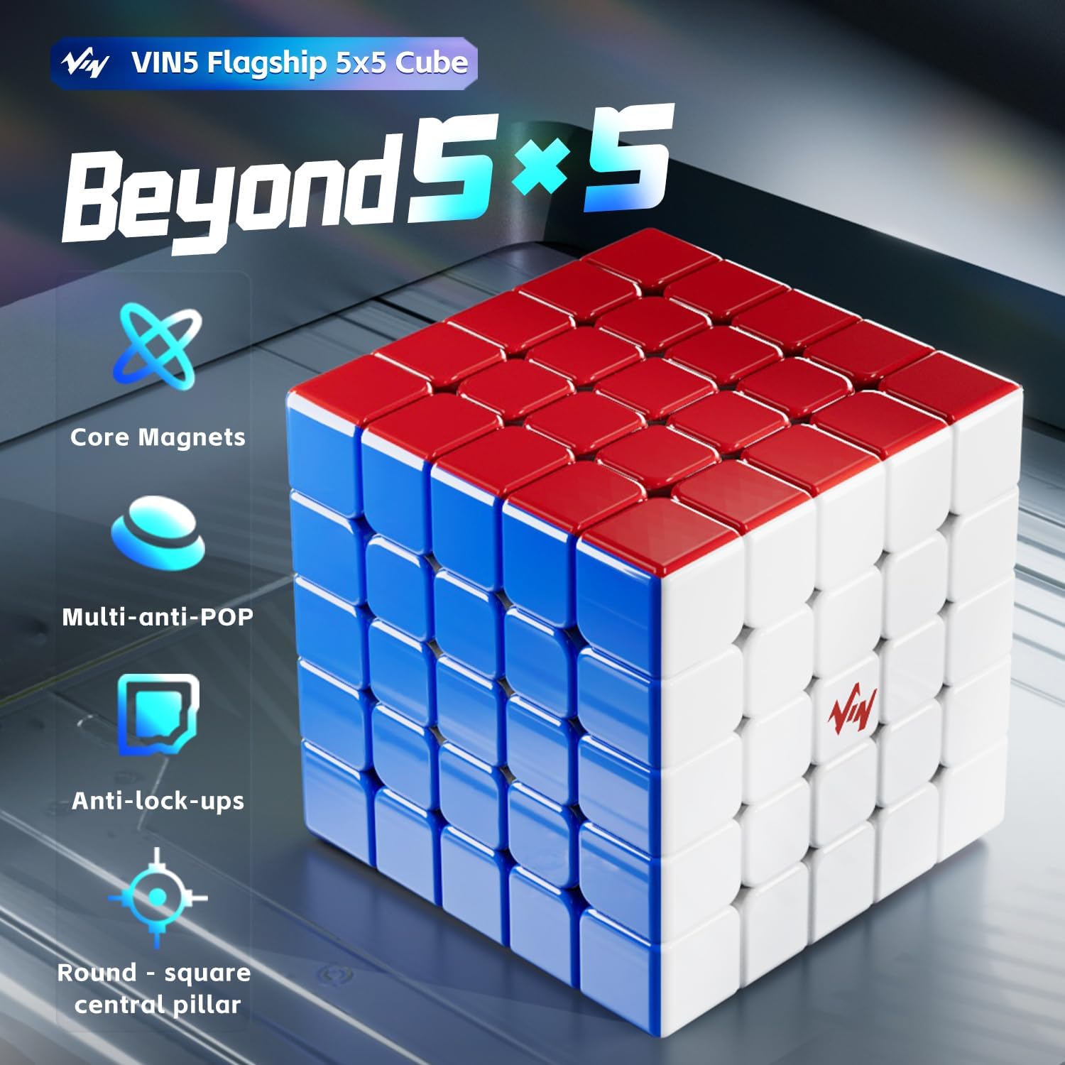 VIN 5x5x5 Speed Cube | Magnetic 5x5 Puzzle Cube with Smooth Stickerless UV Coated Design | Professional Competition Cube for Speedcubing & Brain Training